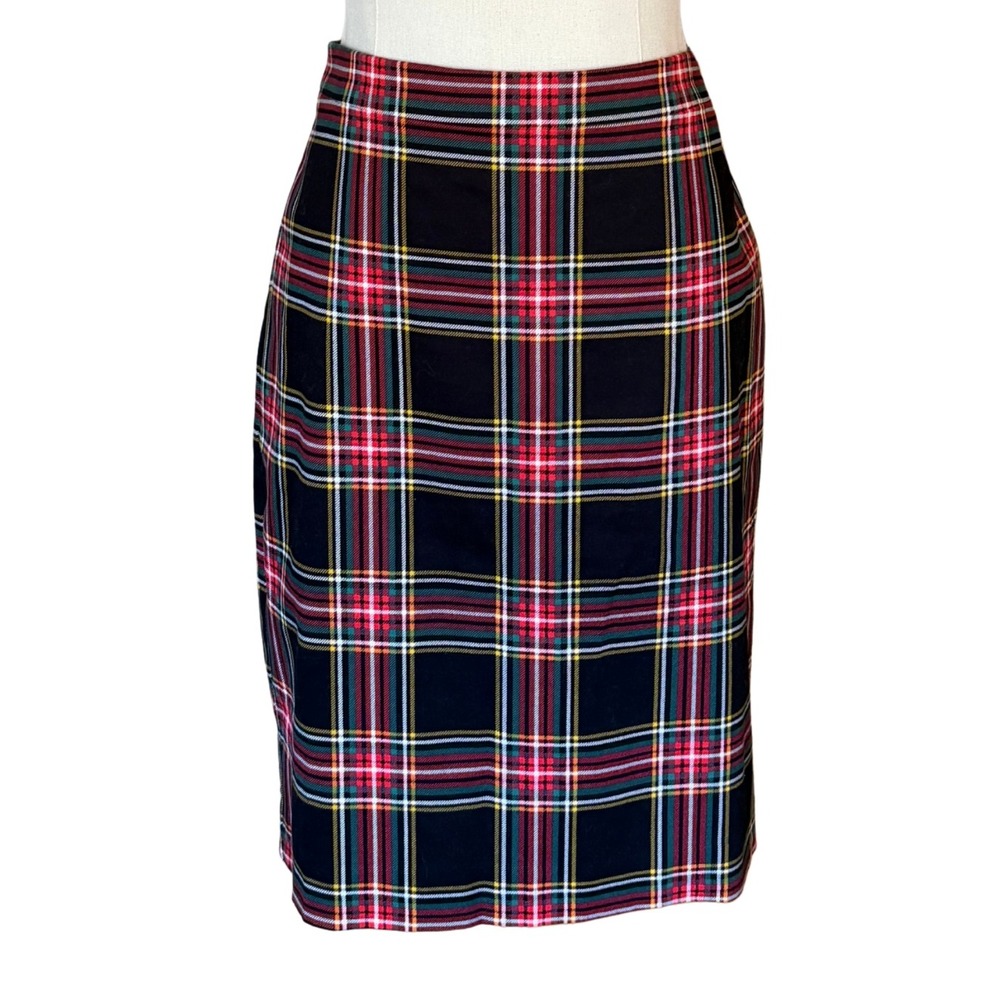 J.Crew Black Red Plaid Tartan Cotton Blend Pencil Skirt Size 4 Holiday Twee